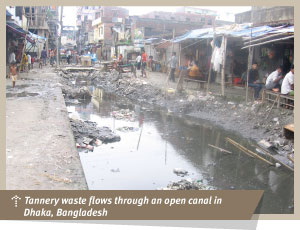 Tannery waste flows through an open canal in Dhaka, Bangladesh